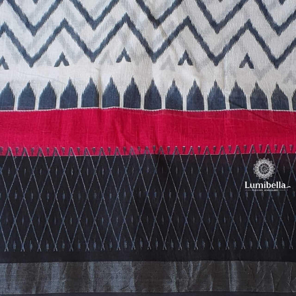 Black Cotton Saree With Print Work - LumibellaFashion