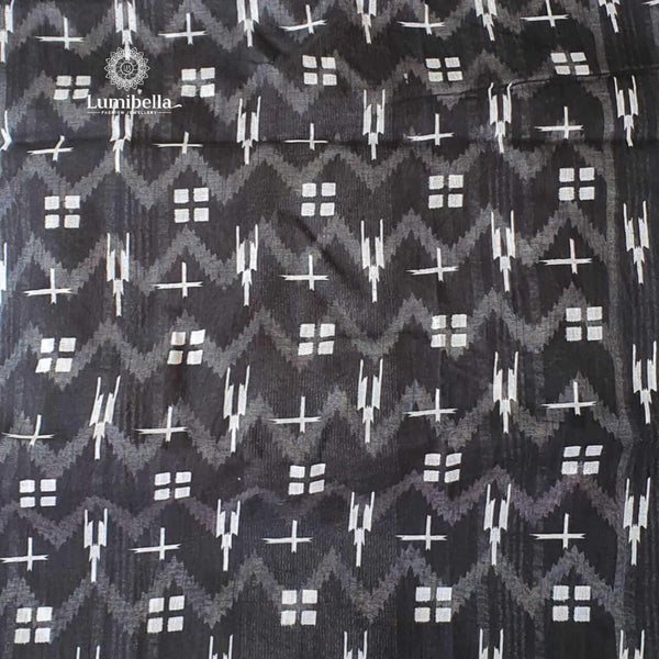 Black Cotton Saree With Print Work - LumibellaFashion