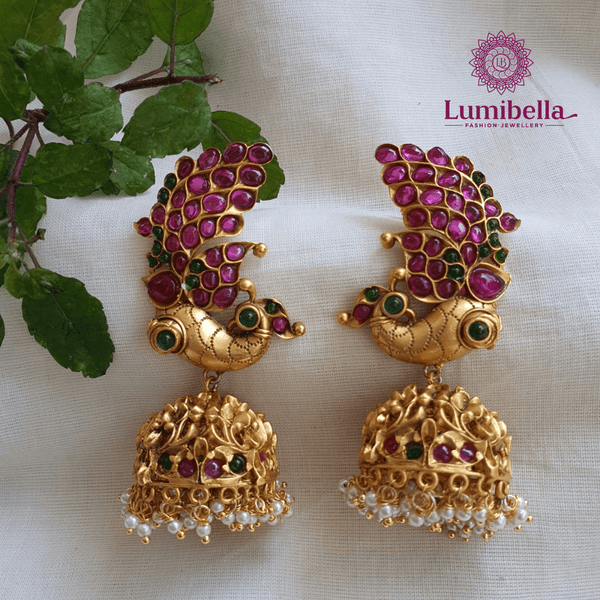 Ruby Embellished Peacock Jhumka Earrings - LumibellaFashion