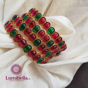 Green And Ruby Kemp Studded Gold Polished Bangles - LumibellaFashion