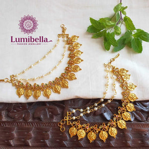 Temple Lakshmi Coin Style Ear Chain With White Pearls - LumibellaFashion