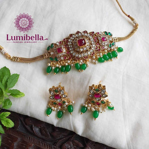 kundan choker necklace designs with green beads