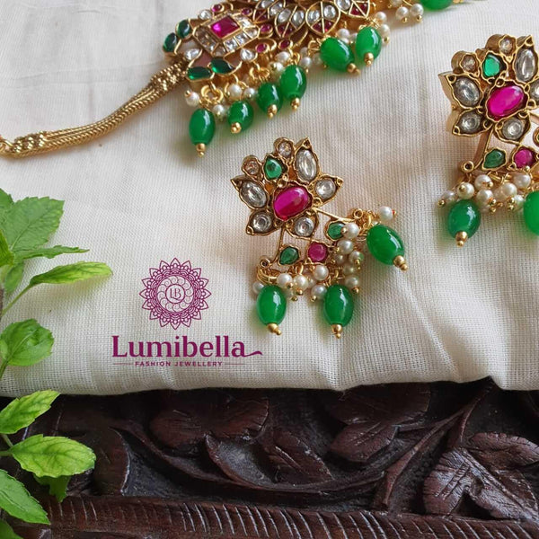 Kundan Choker Necklace Designs With Green Beads - LumibellaFashion