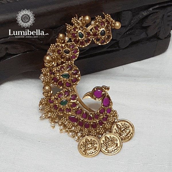 Peacock Style Ear Cuff With Ruby Kemp and Coin Hangings - LumibellaFashion