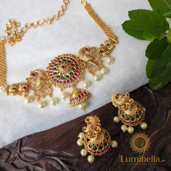 Antique Peacock  Kemp Necklace with Jumka combo earrings