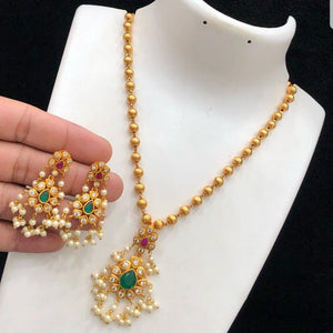 Golden Pearls with Guttapusalu Style Pendant and Earrings - LumibellaFashion