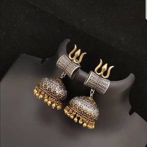 Dual Tone Thrishul and Damaru Style German Silver jumka earrings - LumibellaFashion