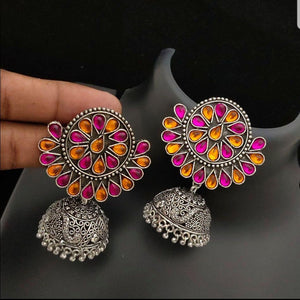 Floral Style Oxidised Big Jhumka with multi color stones - LumibellaFashion