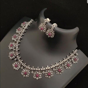 Ruby Semi Precious Stone Embellished Oxidised Necklace - LumibellaFashion