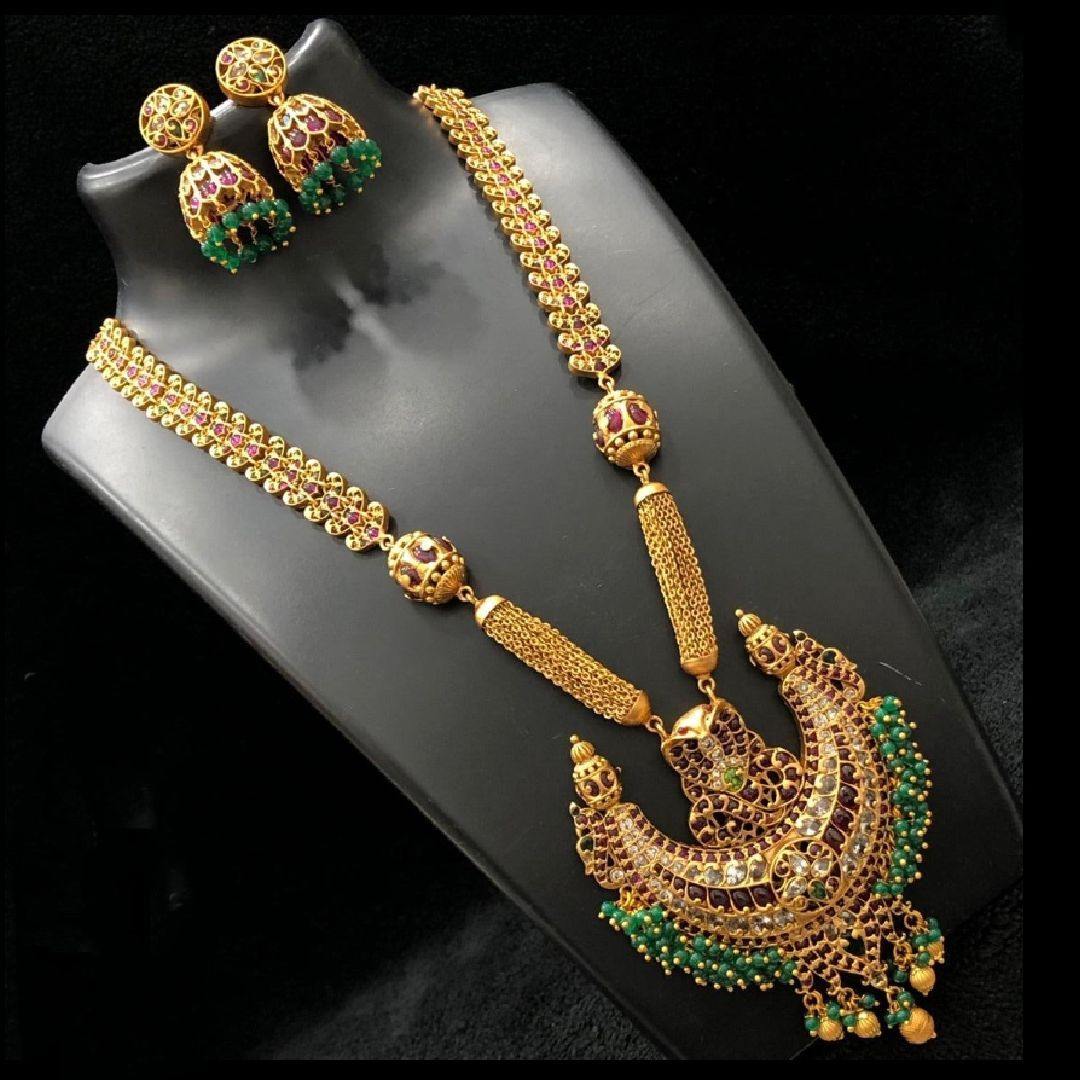 Royal Nagas Style Long Haram With Green Bead Work - LumibellaFashion