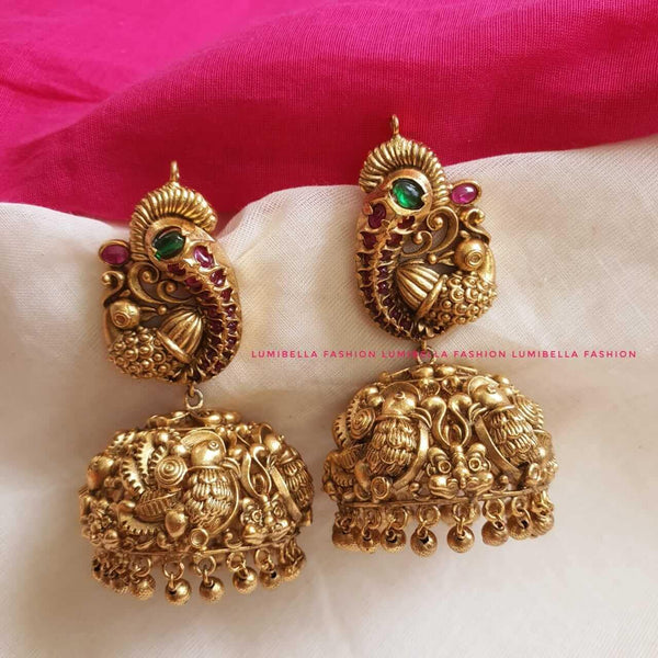 Heavy Temple Peacock Style Large Jhumka Earrings - LumibellaFashion