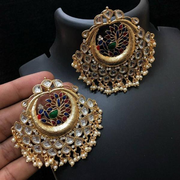 Kundan Style Golden Finish Chandbali Earrings