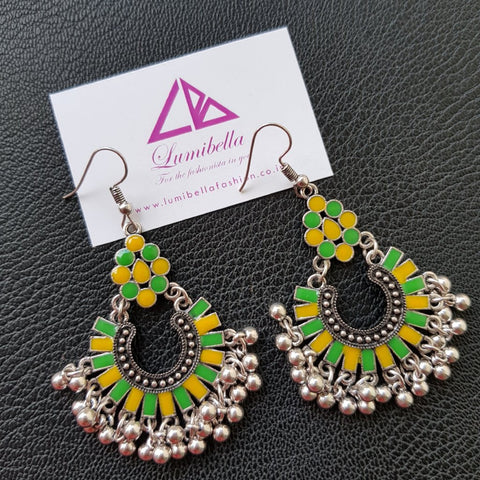German silver lemon green and yellow enamelled hook earrings