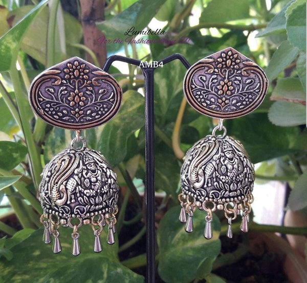 Dual Tone German Silver Floral patterned Jumki earring - LumibellaFashion