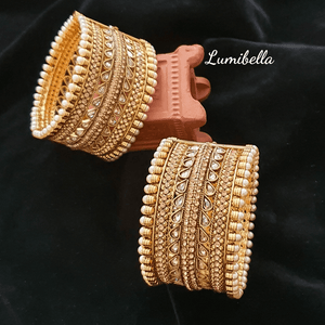 Pearl and Semi Precious Stone Embellished Gold Polished Kada Bangles  2*8 - LumibellaFashion