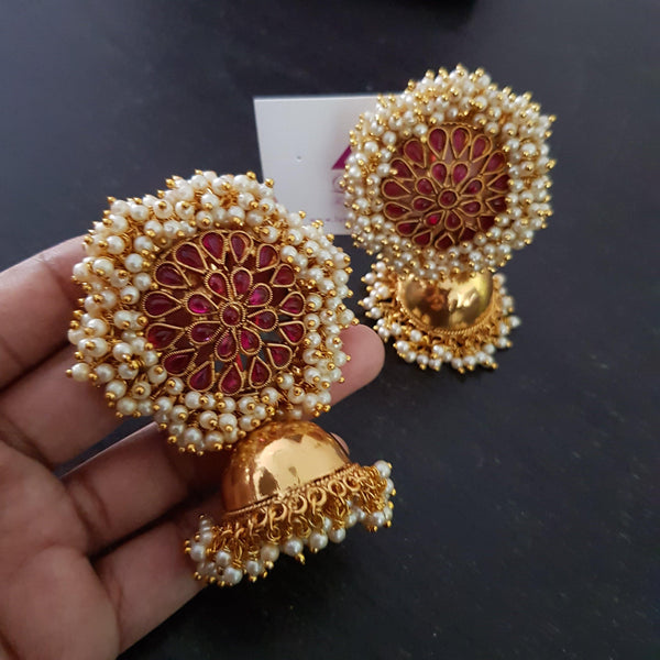 Big Kemp Style semi precious stone embellished Jhumka Jhumki Earrings - LumibellaFashion