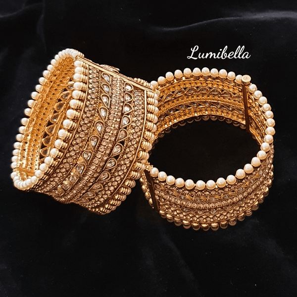 Pearl and Semi Precious Stone Embellished Gold Polished Kada Bangles  2*8 - LumibellaFashion