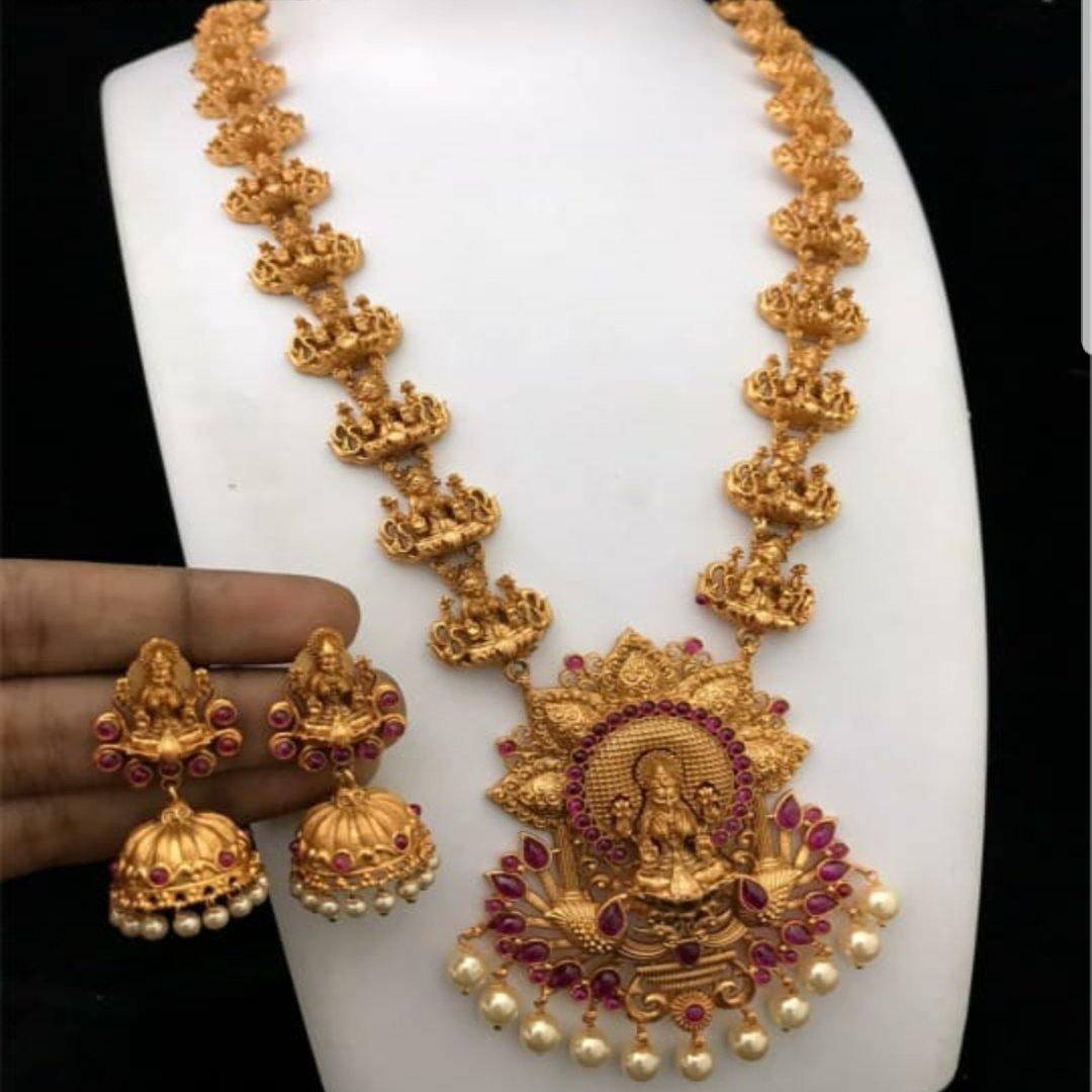 Temple matte style neckset with jhumka earrings - LumibellaFashion