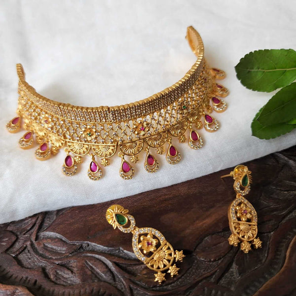 Intricate Floral Jali Choker Necklace combo Earrings