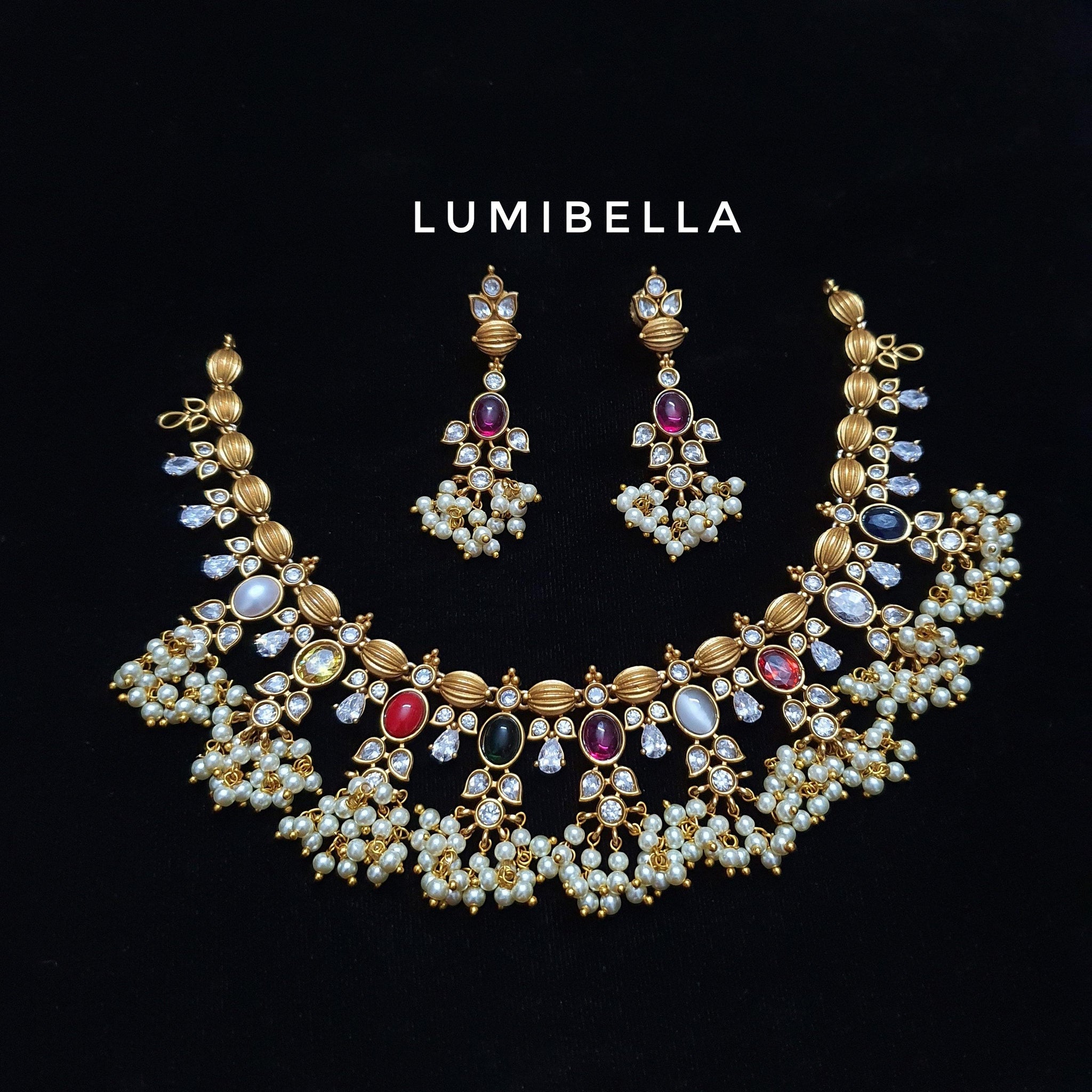 Navarathna Guttapusalu Necklace With Kemp Embellishment - LumibellaFashion