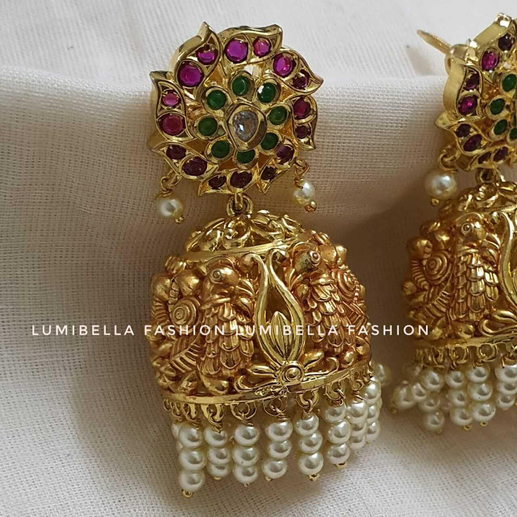 Full Ruby Stone Peacock Design One Gram Gold Plated Jhumki Earrings For  Ladies ER1722
