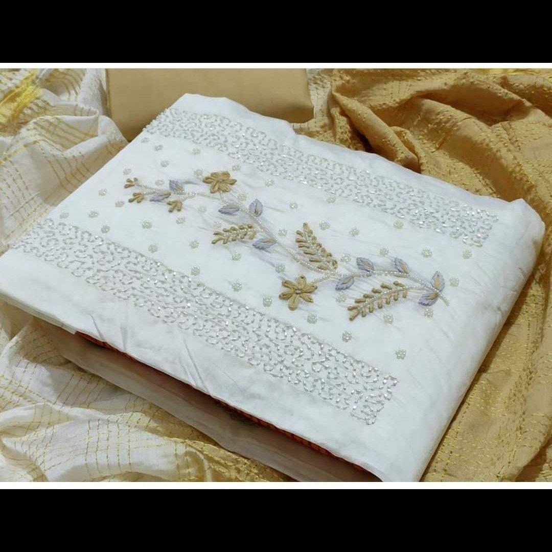 White Embroidery Cotton Salwar Material - LumibellaFashion