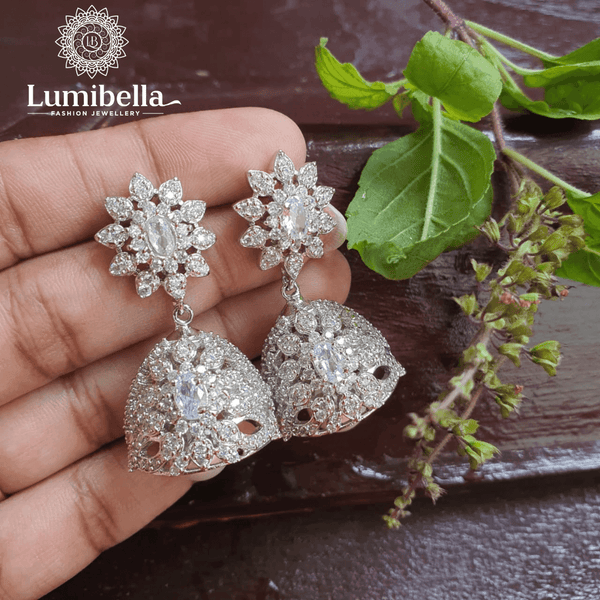 White Gold Polish Jhumka Earrings - LumibellaFashion